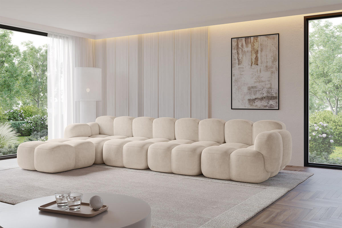 ECKSOFA modulares Sofa Links Miko-L3 390x205x75 Beige Velours - Ecru/Schwarz, Holzwerkstoff/Kunststoff (390/205cm) - ALTDECOR