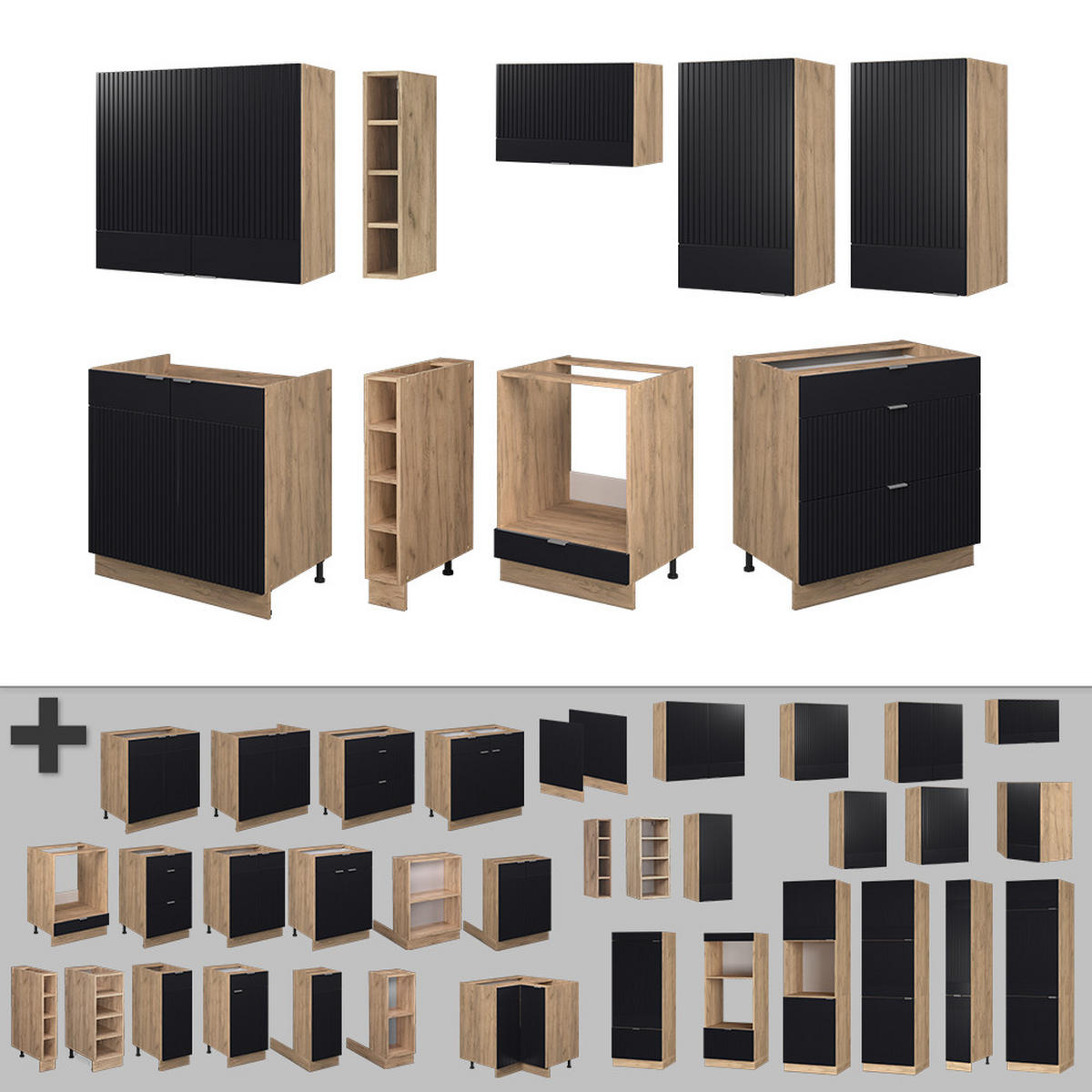 KUCHYŇSKÁ LINKA Fame-Line, černé pruhy/dub Goldkraft, 235 cm, AP antracit - medově dubová/černá, kompozitní dřevo (235/81.6/60cm) - Vicco