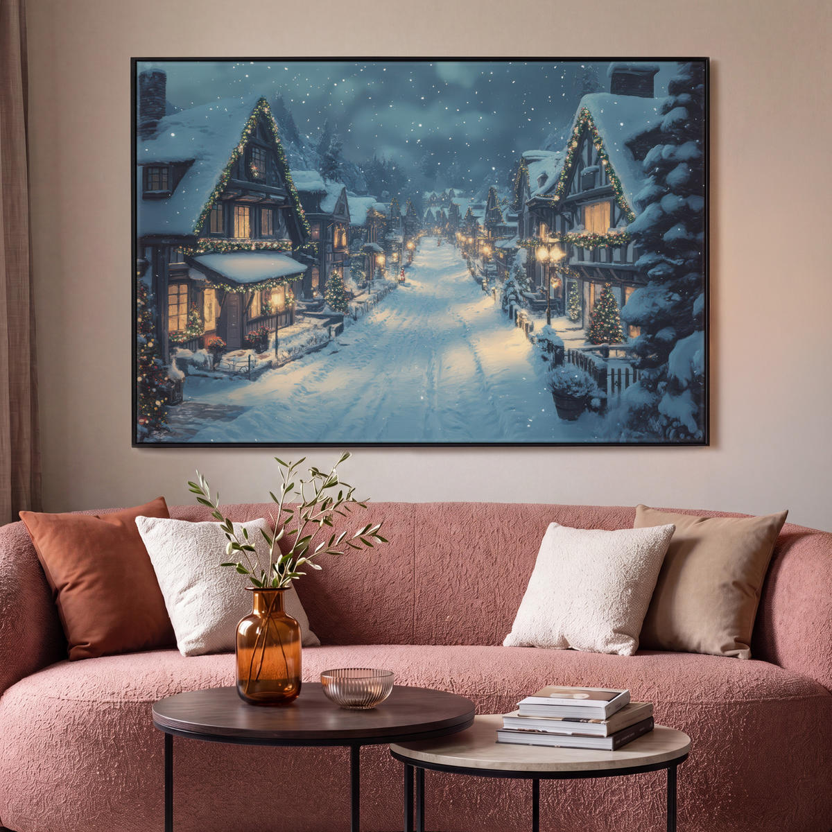 LEINWAND Bilder mit Rahmen - Weihnachtsdorf - Weihnachten - Schnee - Winter - 120x80 - Dunkelblau, Textil (120/80cm) - MuchoWow