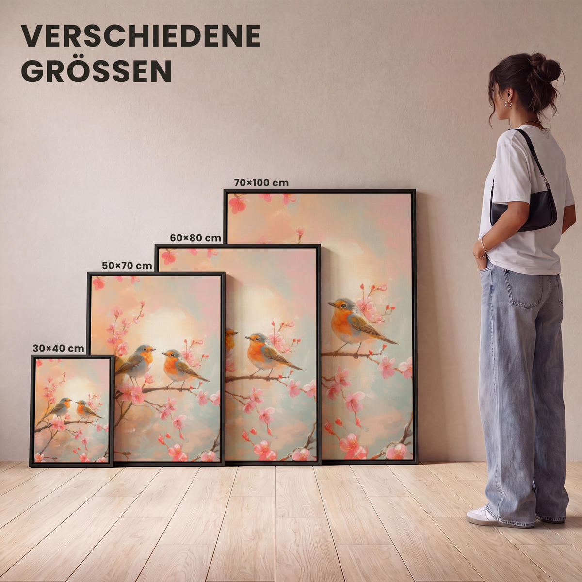LEINWAND Bilder mit Rahmen - Rotkehlchen - Zierpflanze - Blütenzweig - 60x80 - Hellrosa, Textil (60/80cm) - MuchoWow