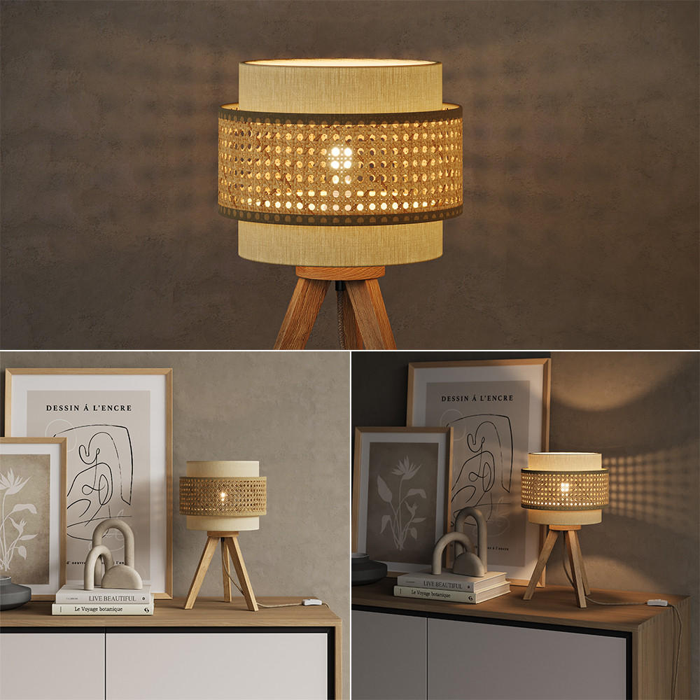 TISCHLAMPE Morten Rattan/Creme 26 x 45 cm mit Standfuß - Creme/Braun, Holz (26/26/45cm) - Vicco