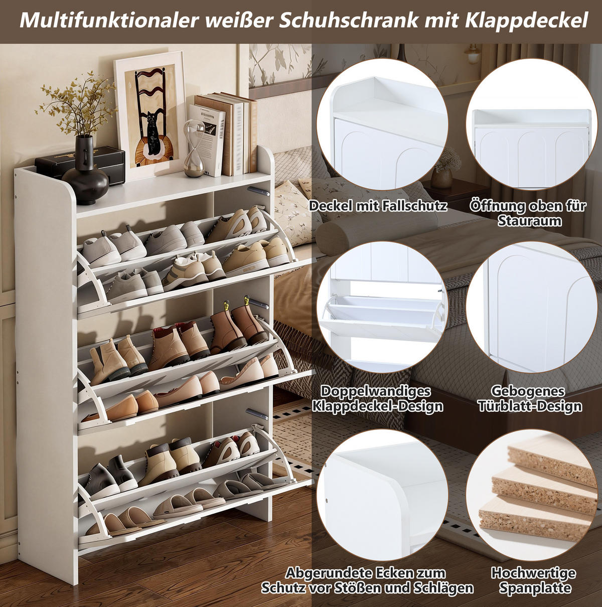 SCHUHSCHRANK 140/25/120 cm weiß aus MDF mit 6 Klappfächern - Weiß, Holzwerkstoff (70/120/25cm) - OKWISH