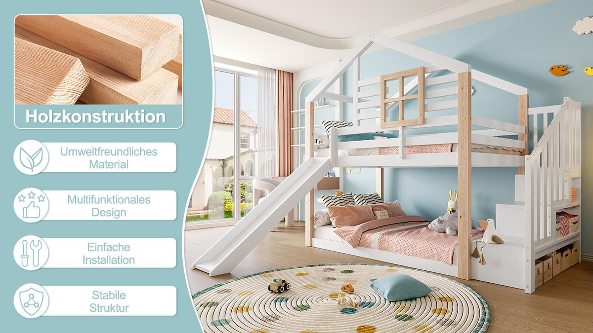 ETAGENBETT 90x200 cm Rutsche Treppe Holz - Weiß, Holz (90/200cm) - LEBENLANG