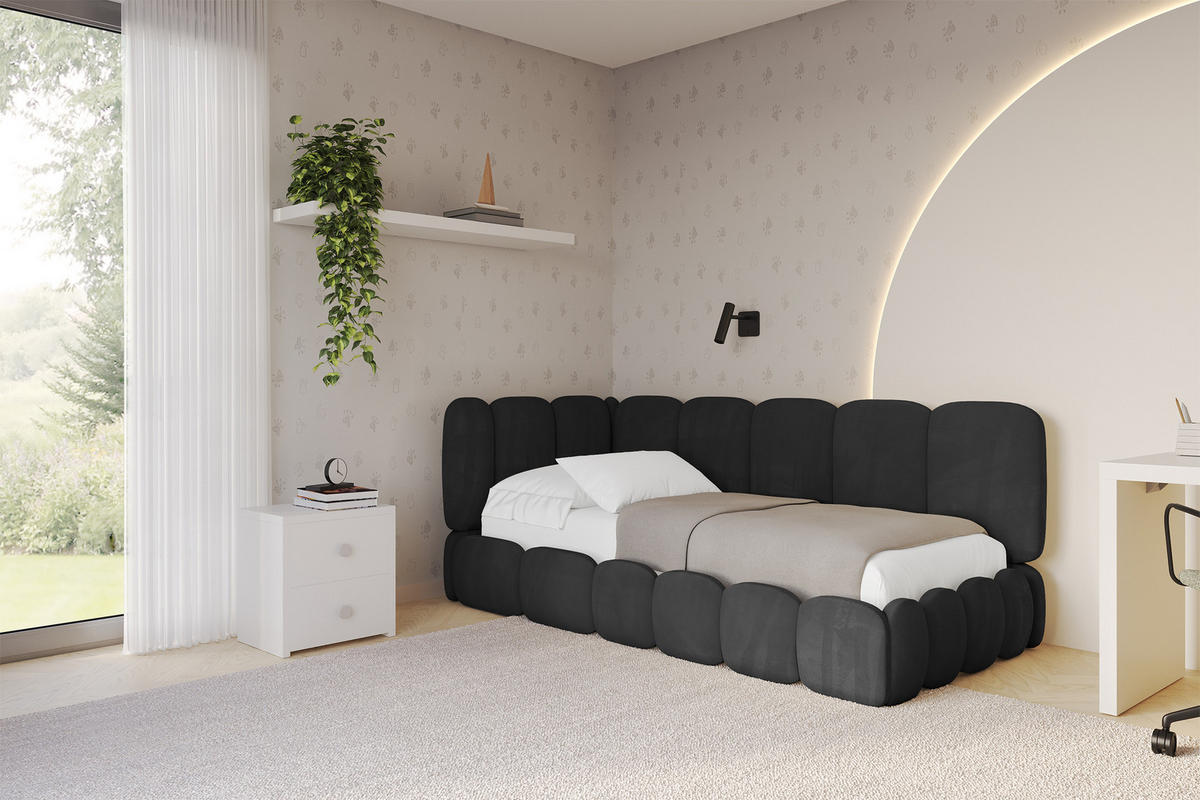 EINZELLBETT Jugendbett mit Bettkasten und Matratze H3/H4, Rechts - AVRY 80x200 Schwarz - Anthrazit, Holzwerkstoff/Textil (80/200cm) - ALTDECOR