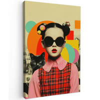 LEINWANDBILD Mädchen - Sonnenbrille - Katze - Retro Deko Wohnzimmer 20x30 cm - Beige, Textil (20/30cm) - MuchoWow