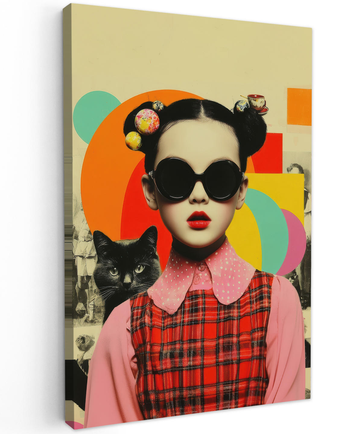 LEINWANDBILD Mädchen - Sonnenbrille - Katze - Retro Deko Wohnzimmer 20x30 cm - Beige, Textil (20/30cm) - MuchoWow