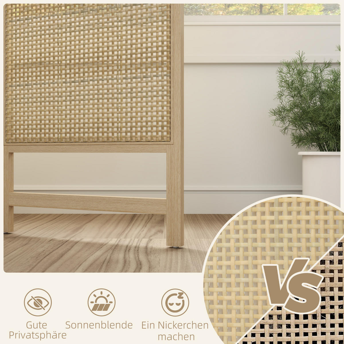 PARAVENT3-TEILIG 135 x 180 cm, Natur - Naturfarben, Kunststoff (135/180/1.7cm) - HOMCOM