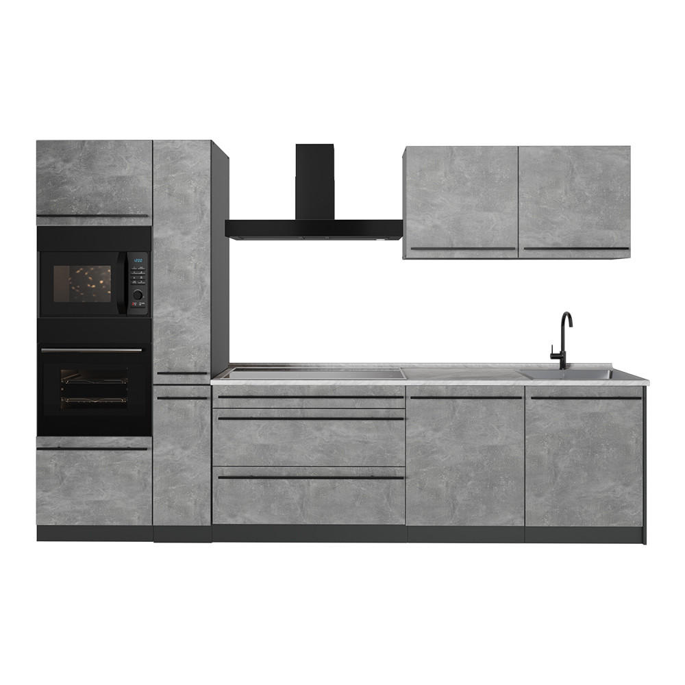 KÜCHENZEILE R-Line, Beton/Anthrazit, 310 cm Arbeitsplatte Marmor - Anthrazit/Grau, Holzwerkstoff (310/206.8/60cm) - Vicco