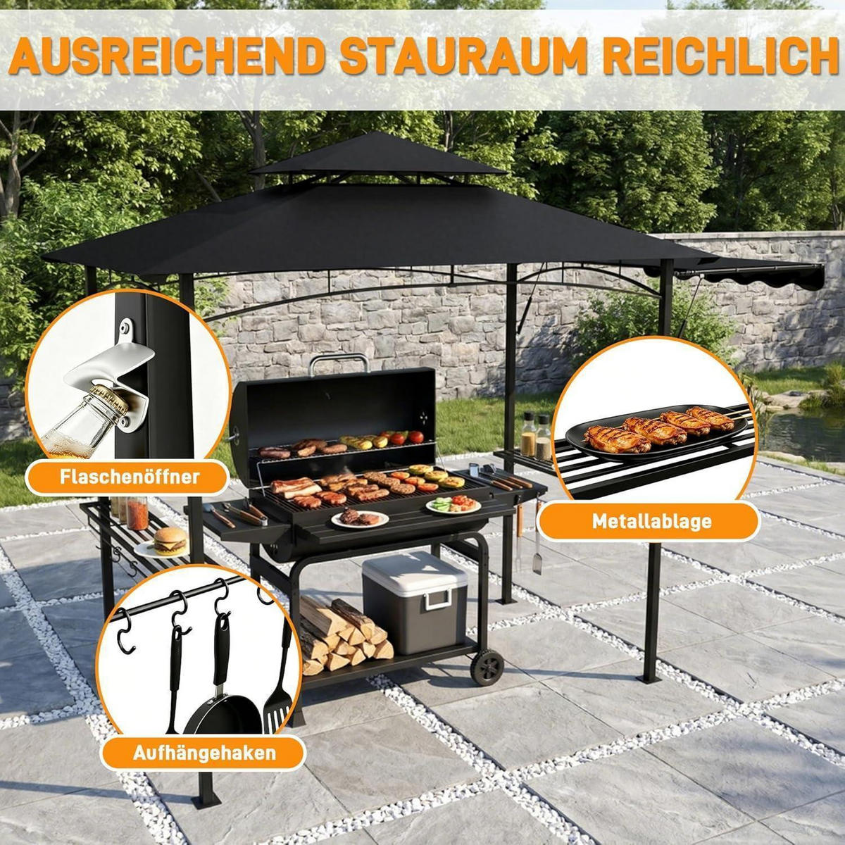 GRILLPAVILLON mit Seitenmarkise und Ablagen Schwarz - Schwarz, Metall (123/253/201cm)