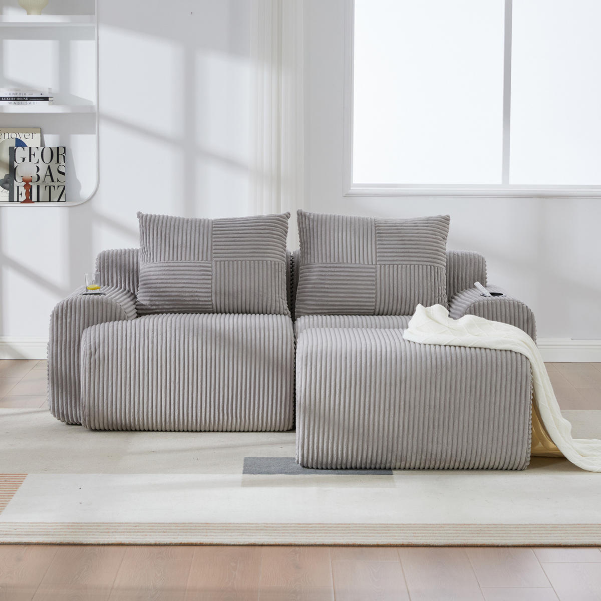 SOFA modular 2-Sitzer mit Hockern 200 x 174 cm Cord Hellgrau - Hellgrau, Kunststoff (174/200cm) - Meubliv