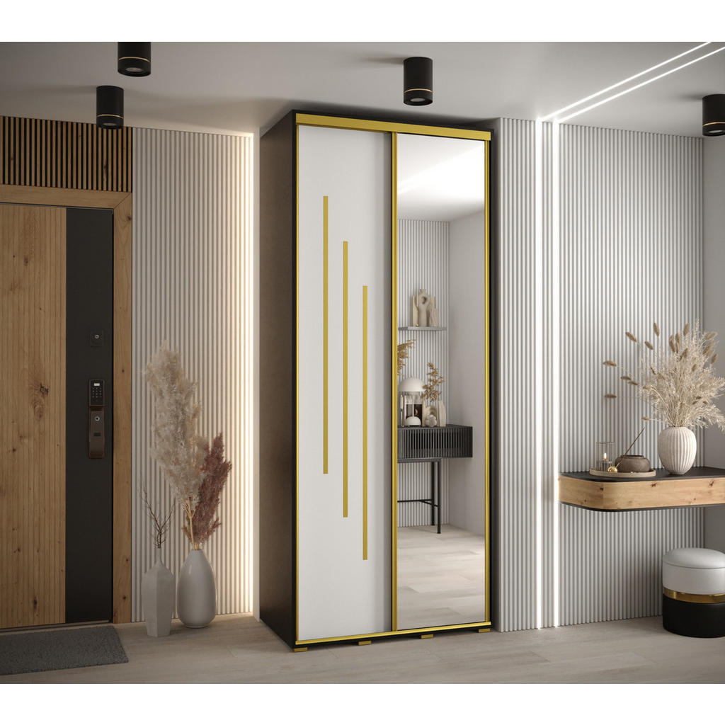 Thumbnail - Abiks Möbel Schwebetürenschrank, Schwarz, Weiß, Gold, Metall, Nachbildung, 6 Fächer, 100x235x60 cm, Schlafzimmer, Kleide...