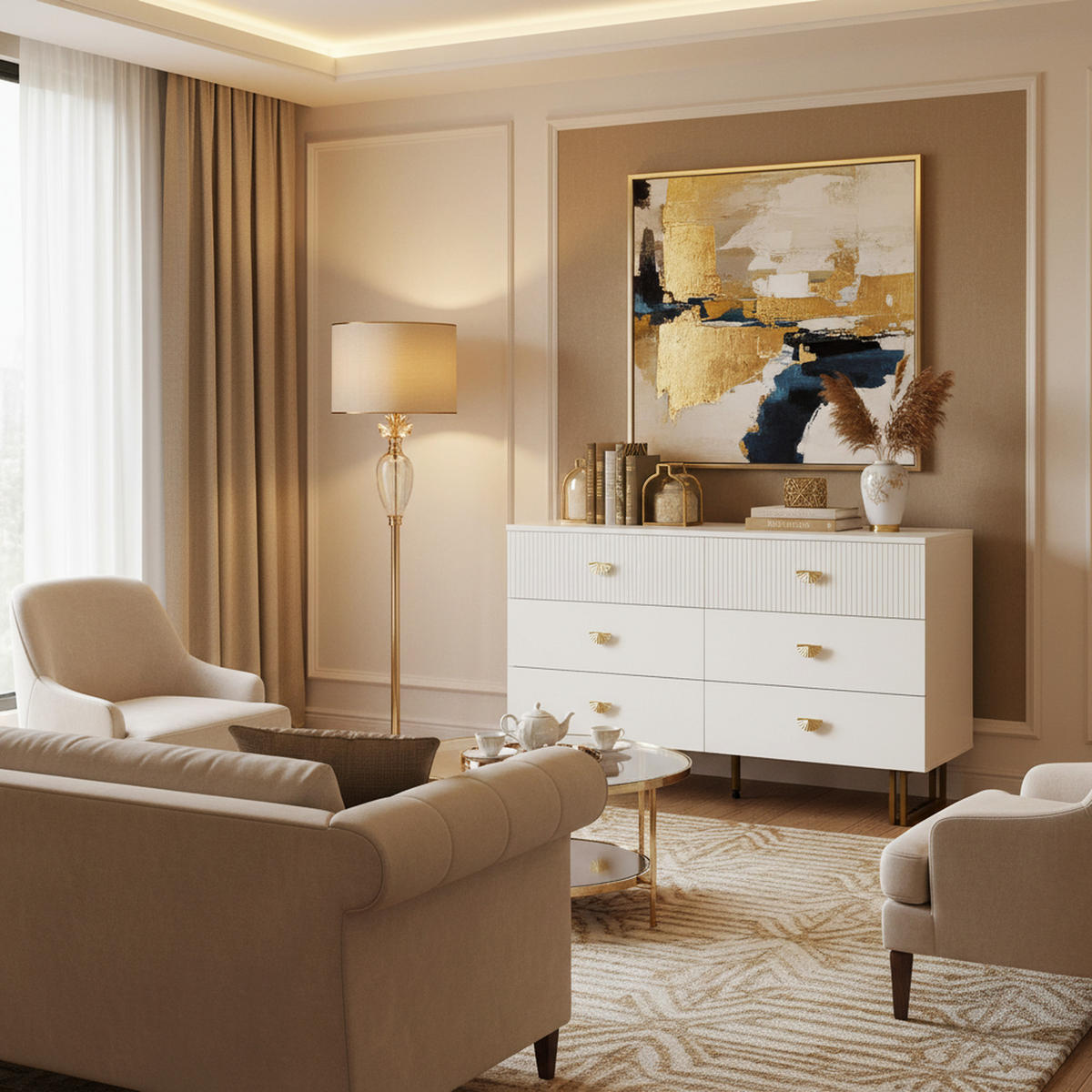 SIDEBOARD 6 Schubladen mit goldenen Griffen & Metallfüßen Weiss - Weiß, Holzwerkstoff (120/75/40cm) - Urban Meuble