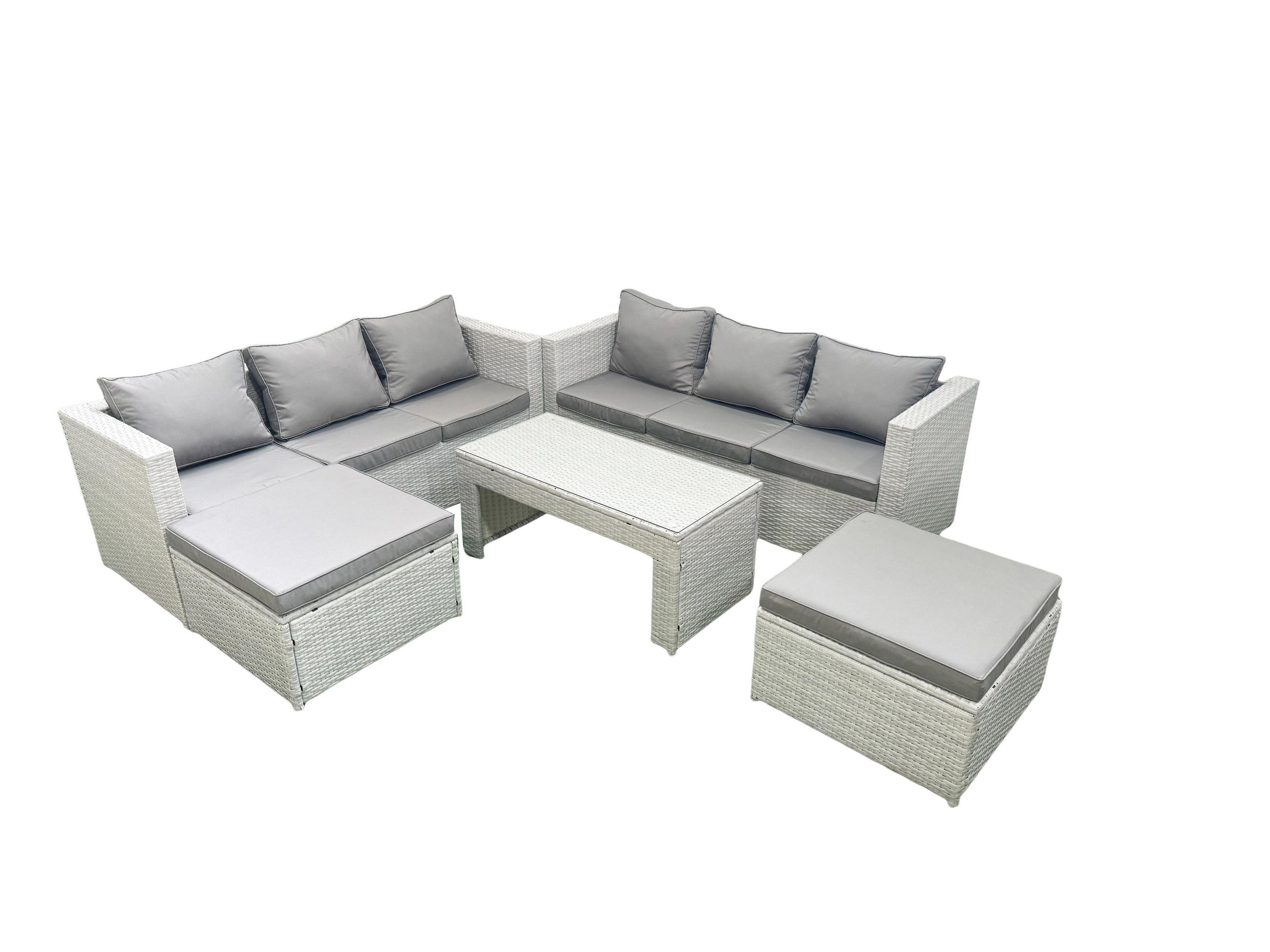 GARTENSOFA hohe Rückenlehne Polyrattan Hellgrau-Mix 8-Sitzer - Hellgrau/Grau, Glas/Kunststoff - Fimous