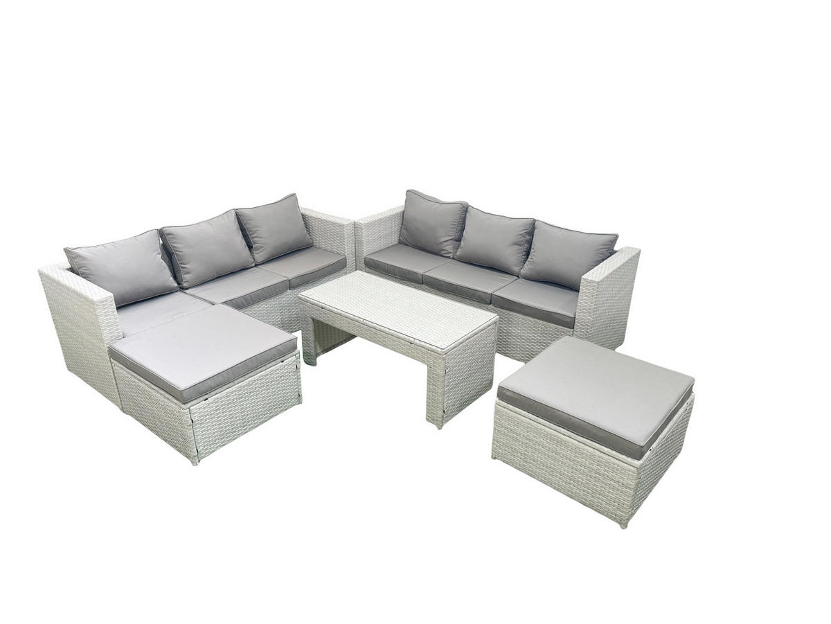 GARTENSOFA hohe Rückenlehne Polyrattan Hellgrau-Mix 8-Sitzer - Hellgrau/Grau, Glas/Kunststoff - Fimous