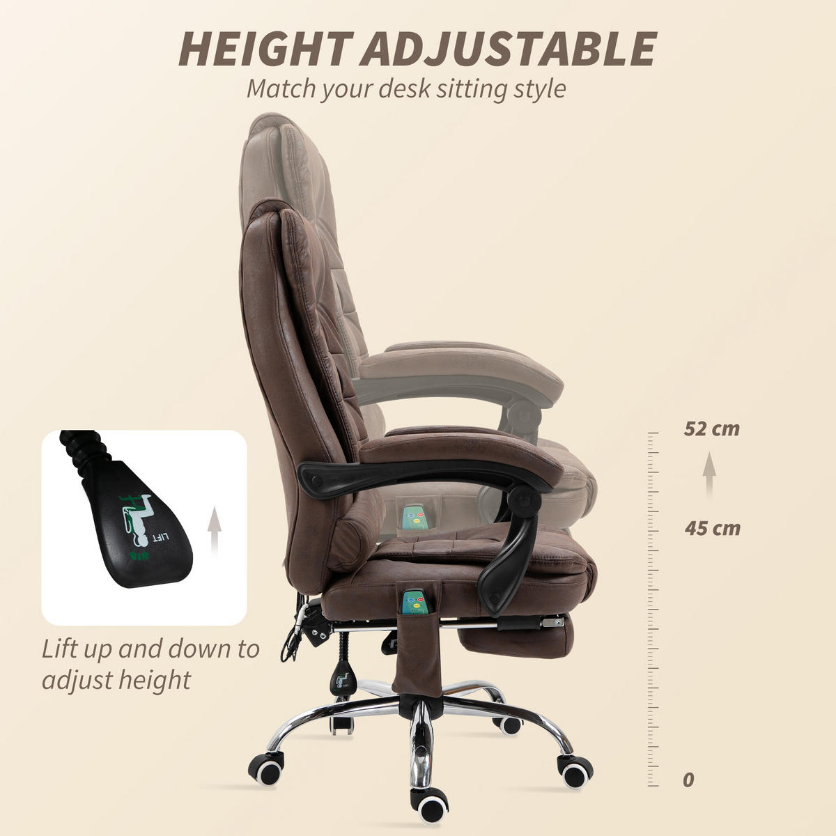 CHEFSESSEL mit Massagefunktion, Ergonomisch Schreibtischstuhl mit Liegefunktion - Silberfarben/Braun, Kunststoff/Textil (70/119/65cm) - Vinsetto