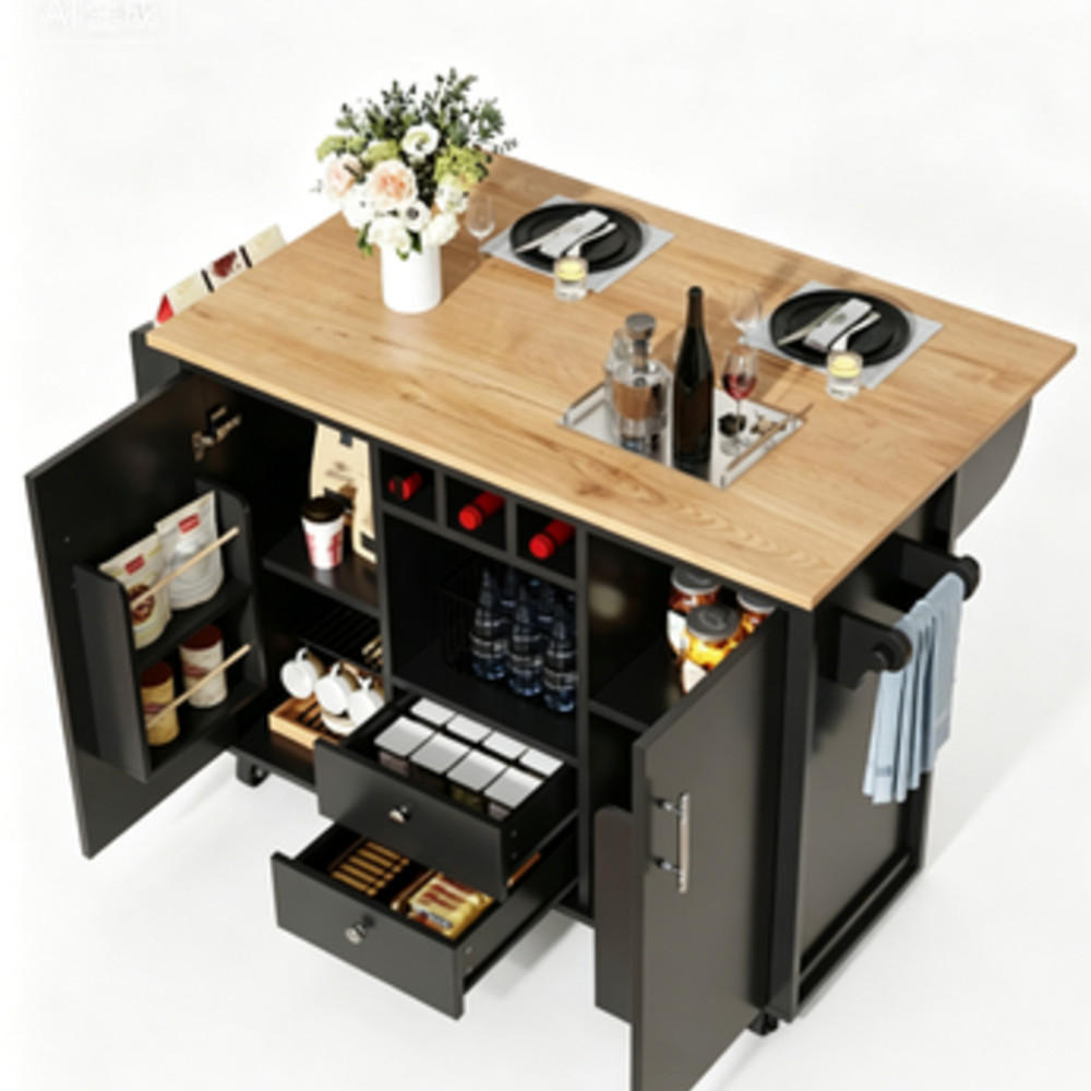 KÜCHENINSEL-SET 137,9×45-73×92 cm mit 2 Barhockern aus MDF und Metall, schwarz - Schwarz, Holzwerkstoff (137.9/92/73cm) - Luhomfu