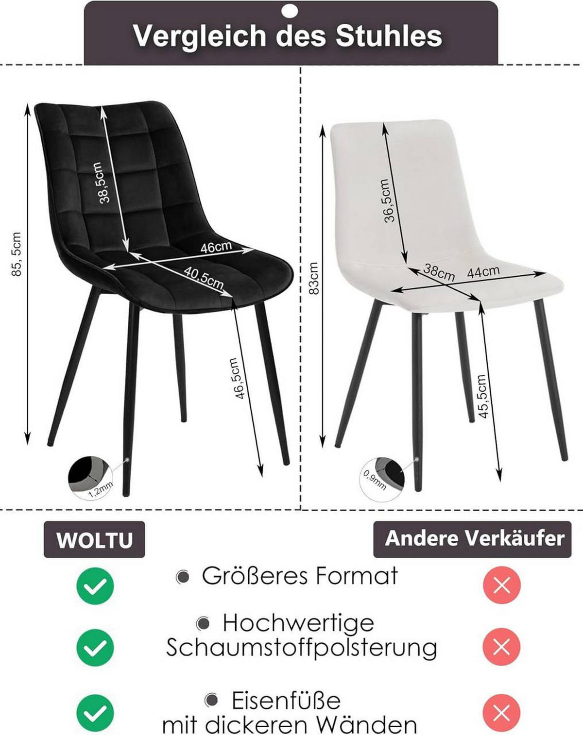 ESSZIMMERSTUHL 2er Set, Samt, Metallbeine, Schwarz - Schwarz, Textil/Metall (46/85.5/40.5cm) - Woltu