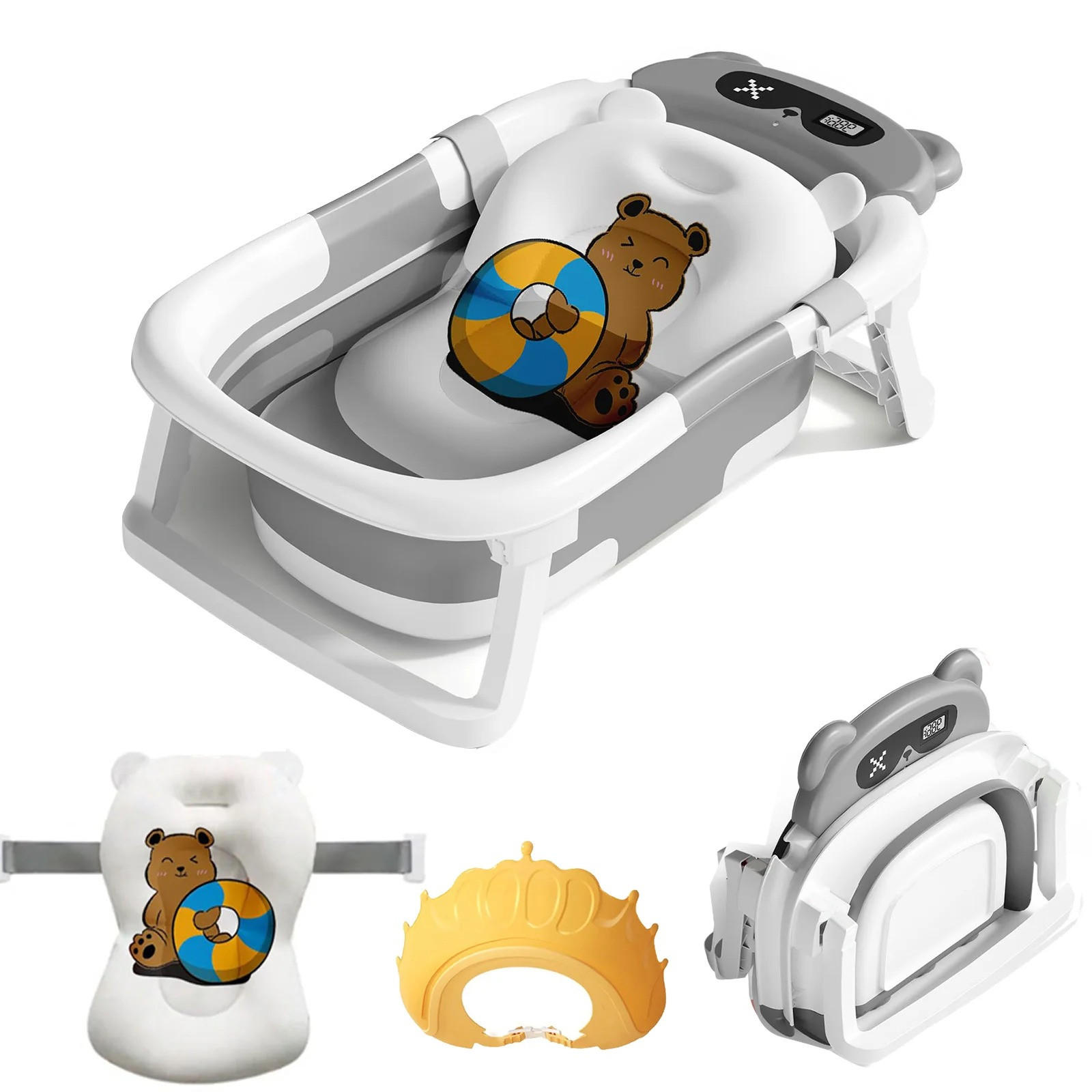 BABYBADEWANNE faltbare mit Badekissen, Thermometer, Duschhaube, Duschbürste, Typ 2 Grau - Grau, Kunststoff (63/42cm) - Kaket