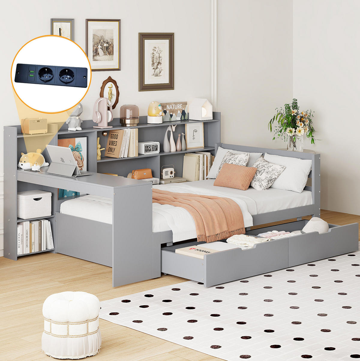 BETT 90/200 cm Grau aus Holz mit Schreibtisch und Stauraum - Grau, Holz (90/200cm) - OKMYHOME