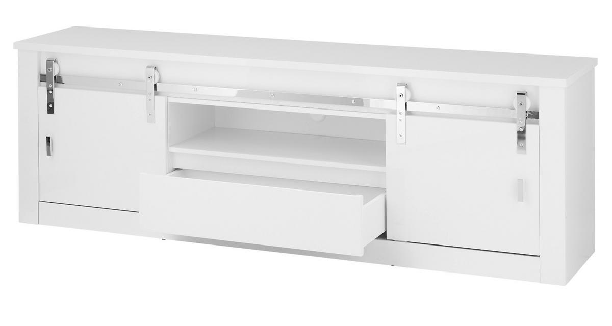 TV-LOWBOARD weiß Hochglanz 201 x 66 cm, TV Unterteil in Komforthöhe mit Soft-Close - Chromfarben/Weiß Hochglanz, Holzwerkstoff/Kunststoff (201/66/43cm) - Furn.Design