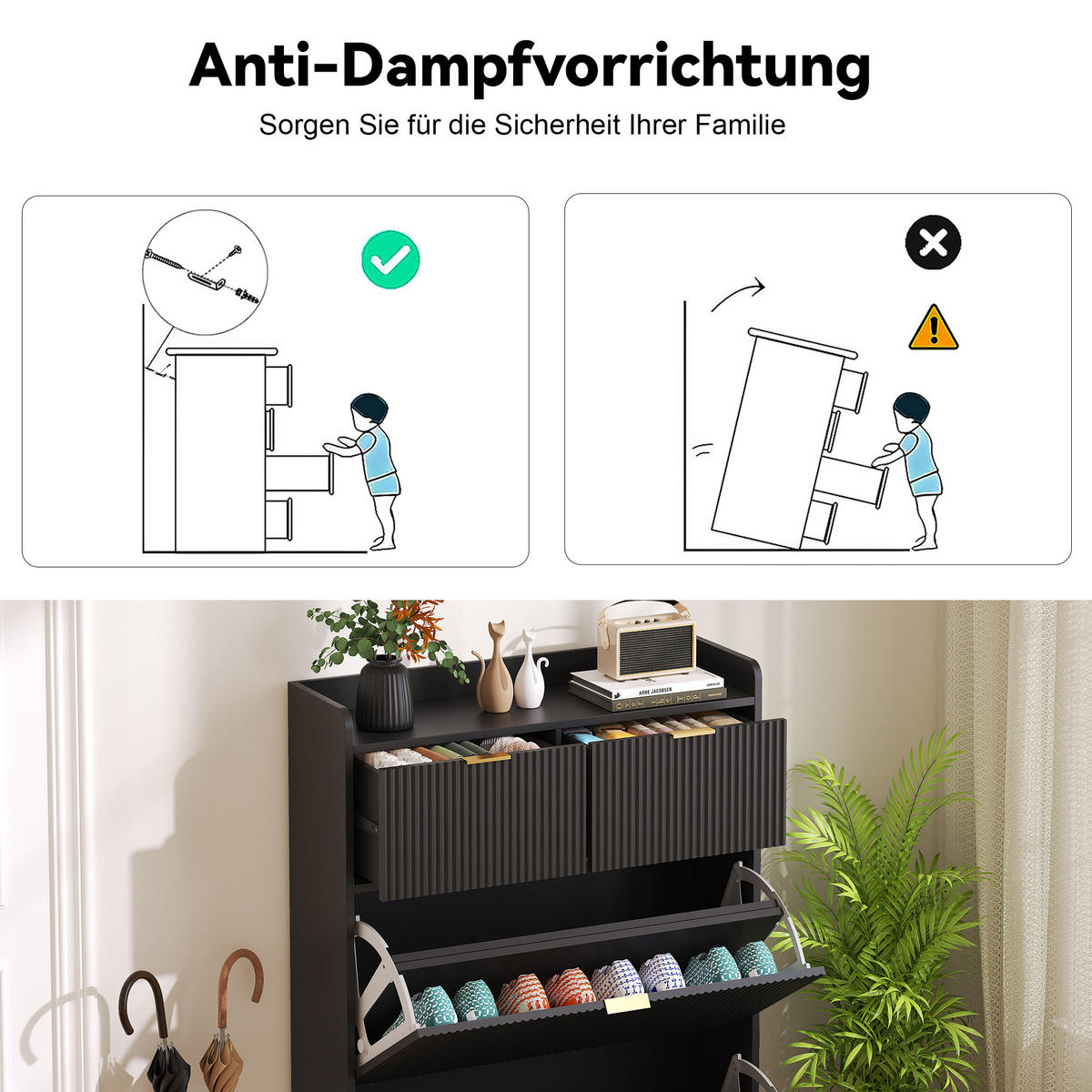 SCHUHSCHRANK mit zwei Schubladen und zwei Klappfächern, schmales Eingangsmöbel, mit Kippschutz, Schwarz - Goldfarben/Schwarz, Holzwerkstoff/Metall (24/110/8cm) - GENKI LIVING