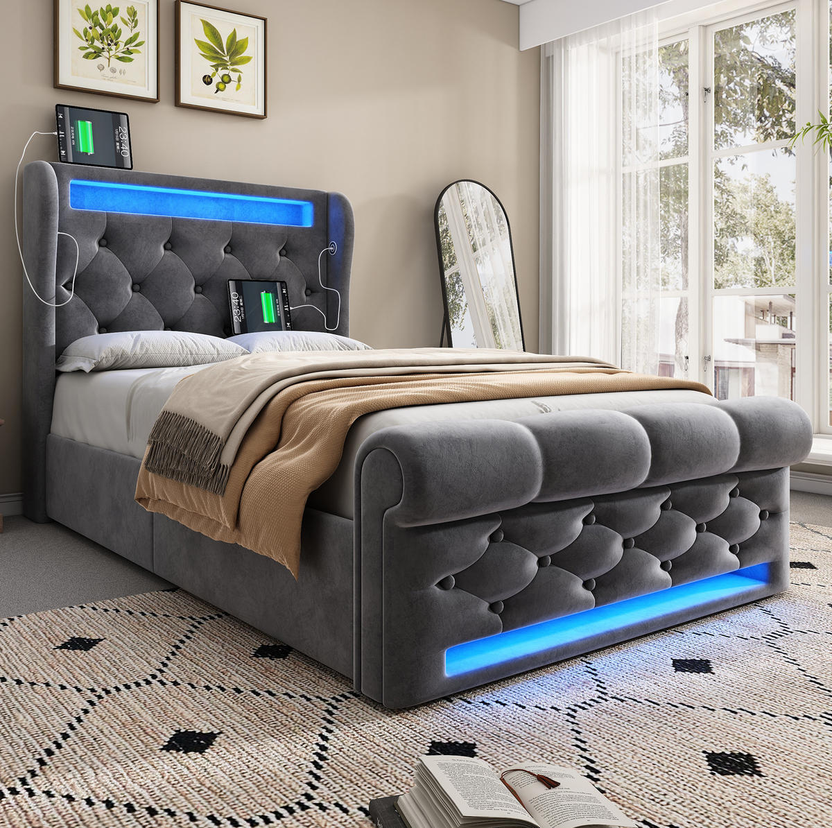 POLSTERBETT 90/200 cm Grau mit LED-Beleuchtung und Stauraum-Kopfteil aus Samt Mit Matratze - Grau, Textil (90/200cm) - OKWISH
