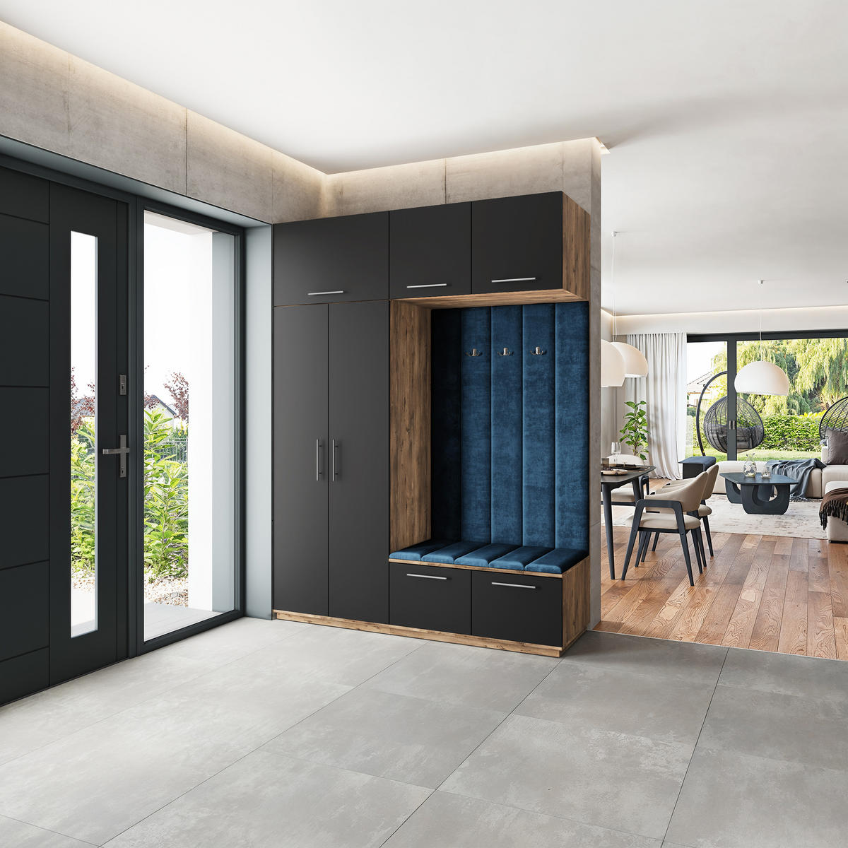 GARDEROBENSCHRANK REMA 180/240/60 cm Modern Garderobe-Set Eiche Lefkas - Blau/Eichefarben, Holzwerkstoff (180/240/60cm) - MASSENO