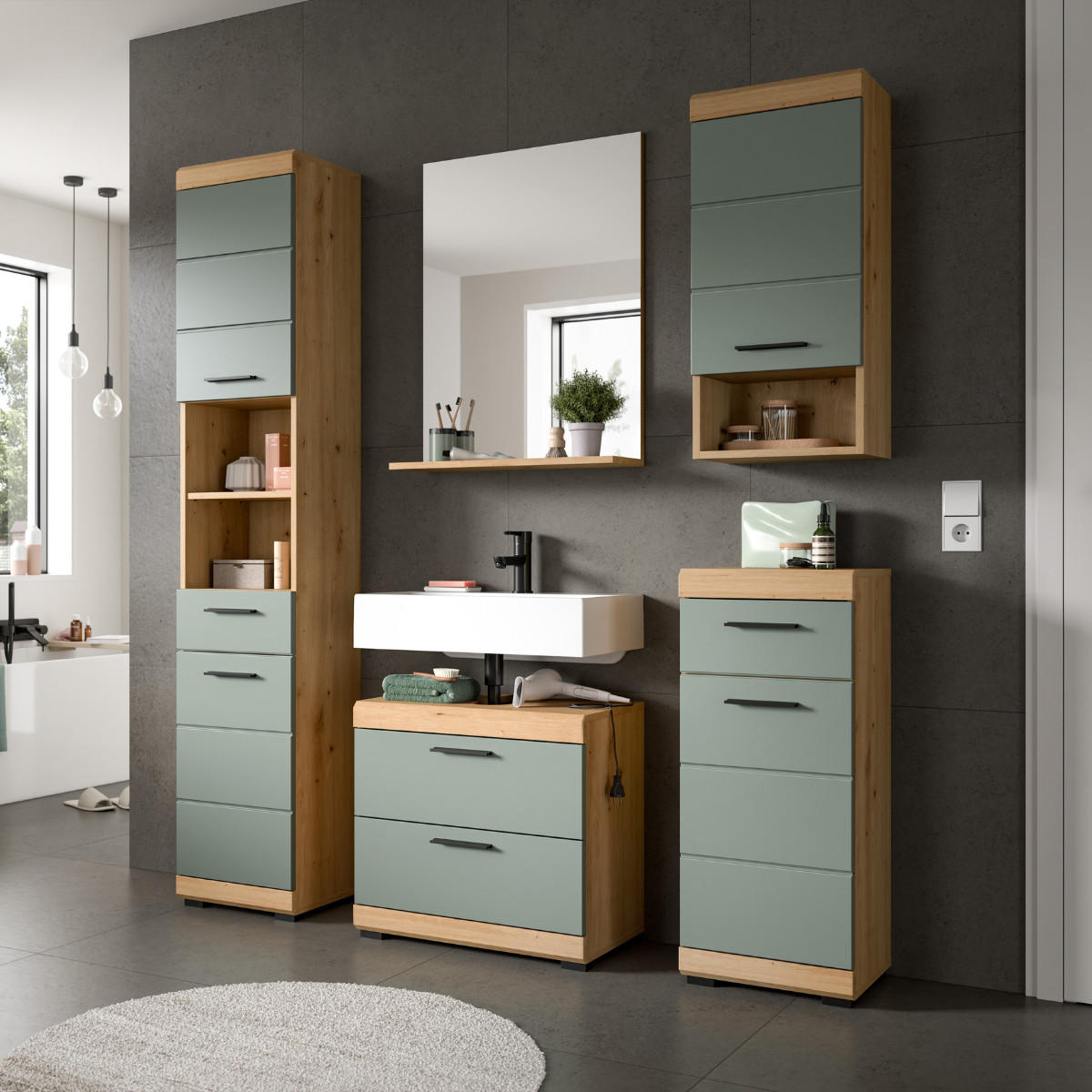 BADEZIMMERSCHRANK 2 Türen 1 Schublade 31/191/37 cm - Grün, Holzwerkstoff (31/191/43cm) - Calicosy