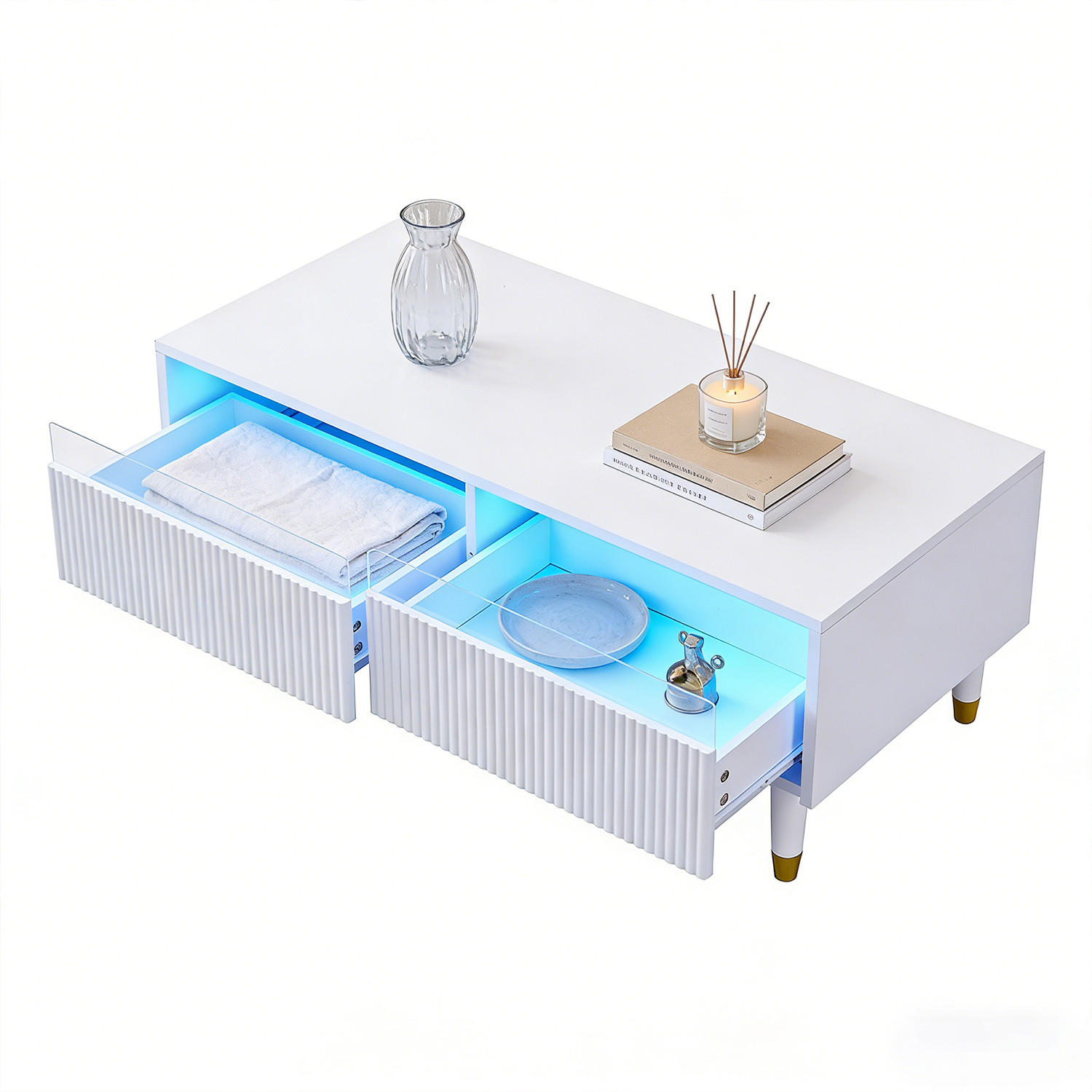 COUCHTISCH mit Schubladen und LED-Beleuchtung, Weiß - Weiß, Holzwerkstoff (110/50/40cm) - Meubles Cosy