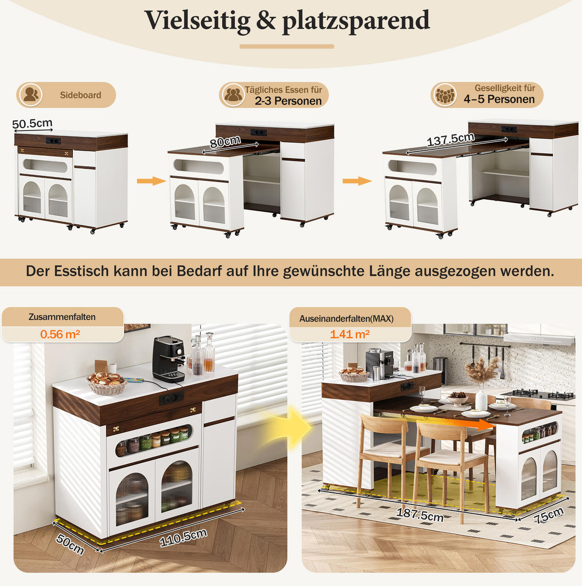 KÜCHENINSEL 50,5-187,5/110,5/95,5 cm aus MDF mit ausziehbarer Tischplatte, Rollen und Steckdosenleiste, Weiß/Walnuss - Walnussfarben, Holzwerkstoff (110.5/95.5/50.5cm) - Redom