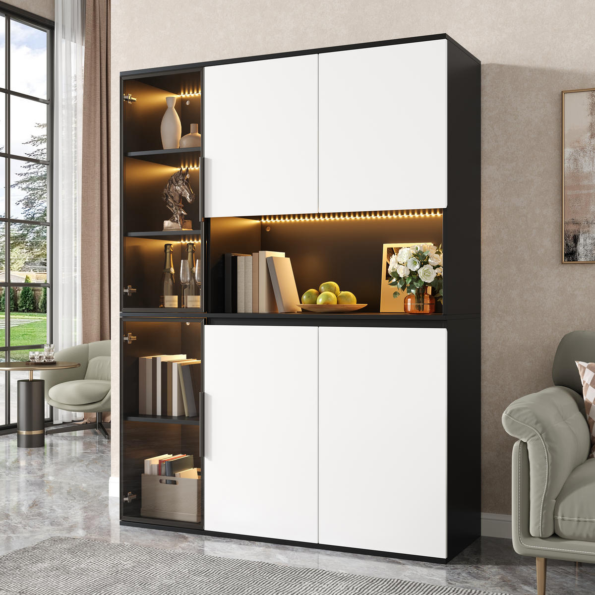 HOCHSCHRANK Vitrine LED Glaselemente Schwarz Weiß MDF - Multicolor, Holzwerkstoff (120/160/40cm) - FLIEKS