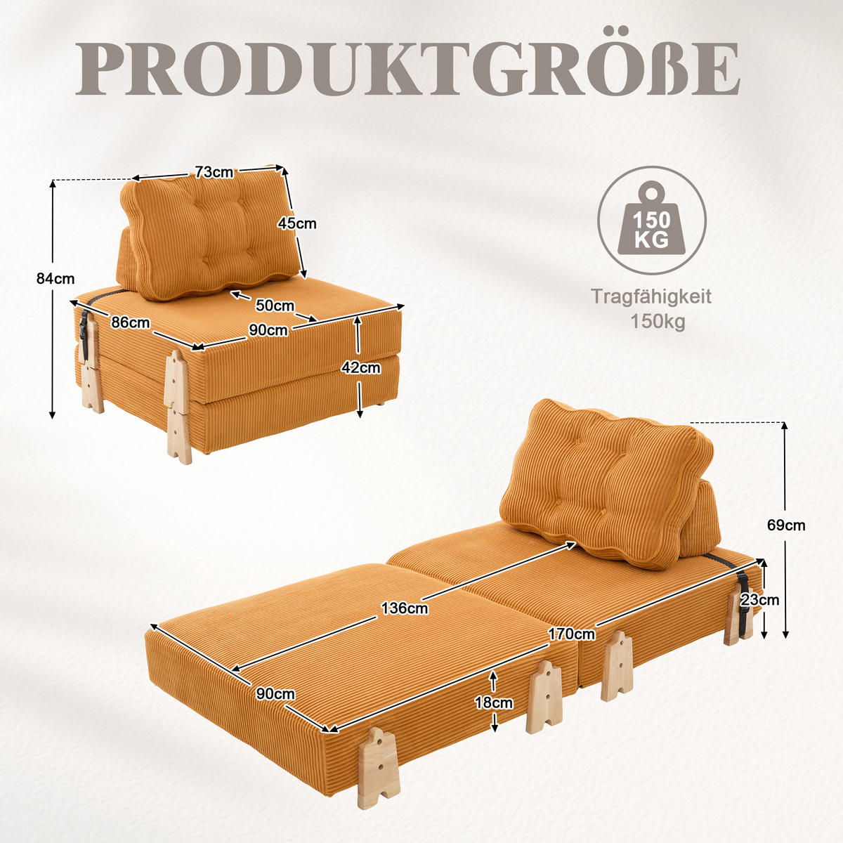 SCHLAFSESSEL ausklappbar mit Holzgestell, DE-42596, Orange - Orange, Holzwerkstoff (90/84/86cm) - ComfortXL