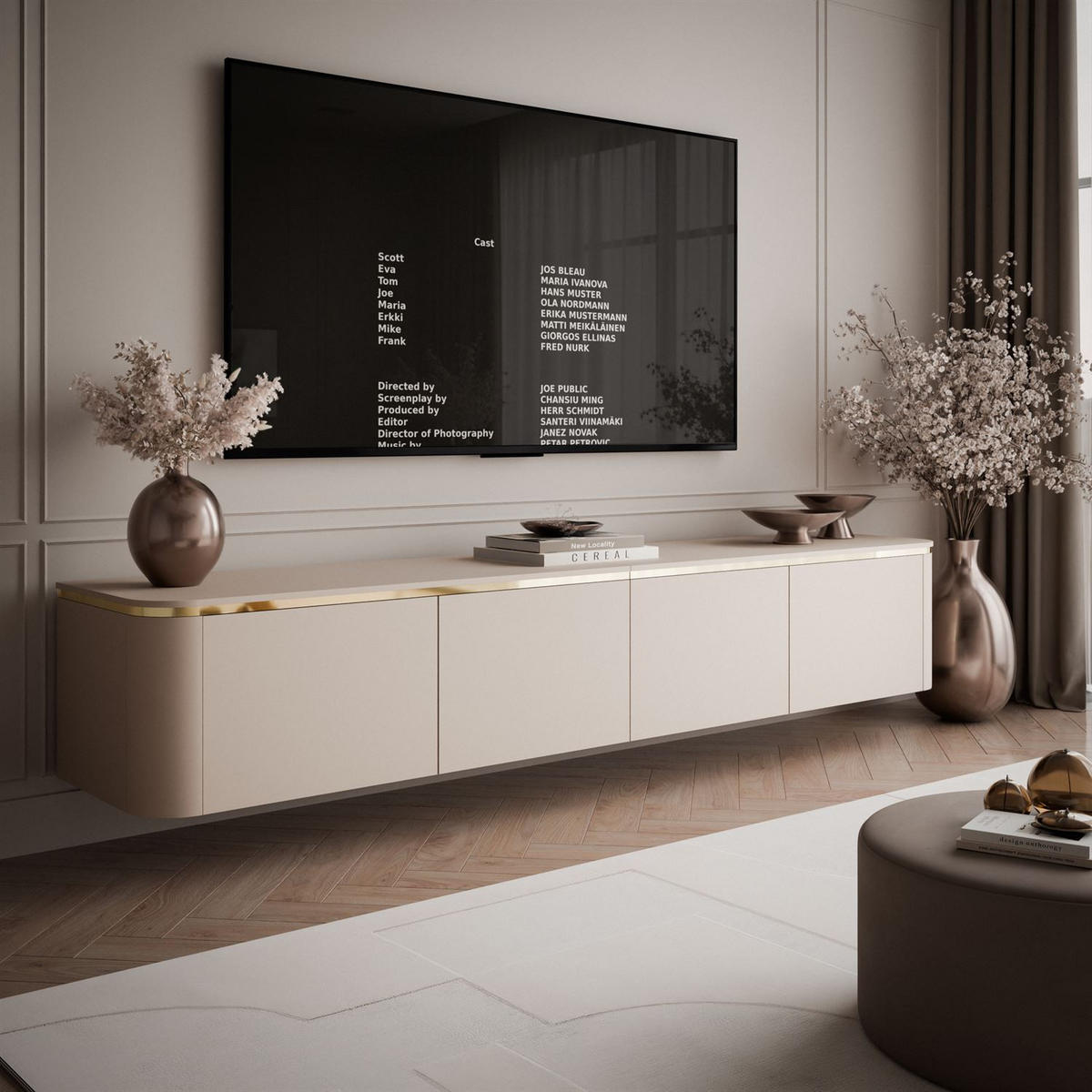 TV-RACK AVELINE 200 cm hängend mit LED-Beleuchtung - Kaschmir, Holzwerkstoff (200/35/40cm) - Lookway