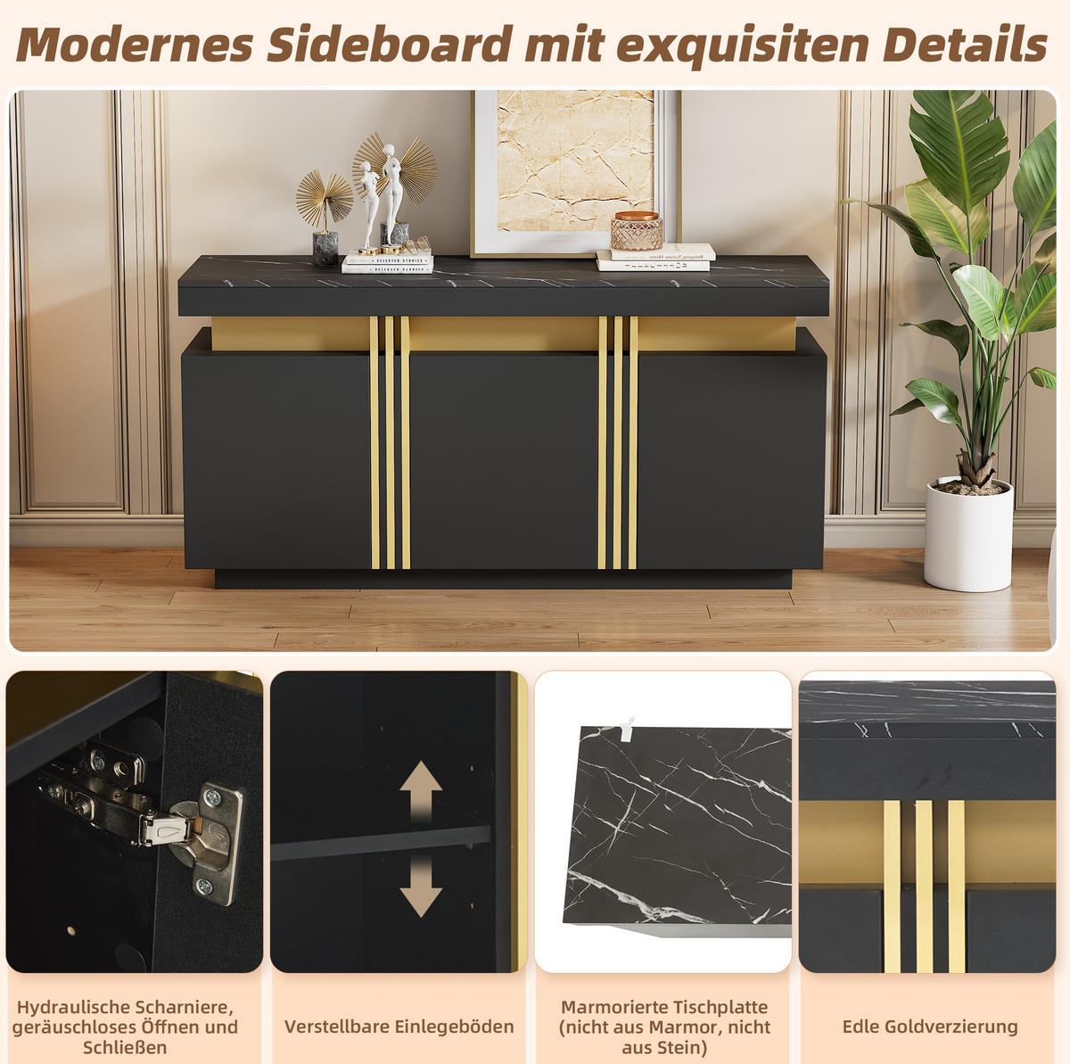 SIDEBOARD 140/38/70 cm in Schwarz mit 3 Türen und verstellbaren Einlegeböden - Schwarz, Holzwerkstoff (140/70/38cm) - Flora Grace
