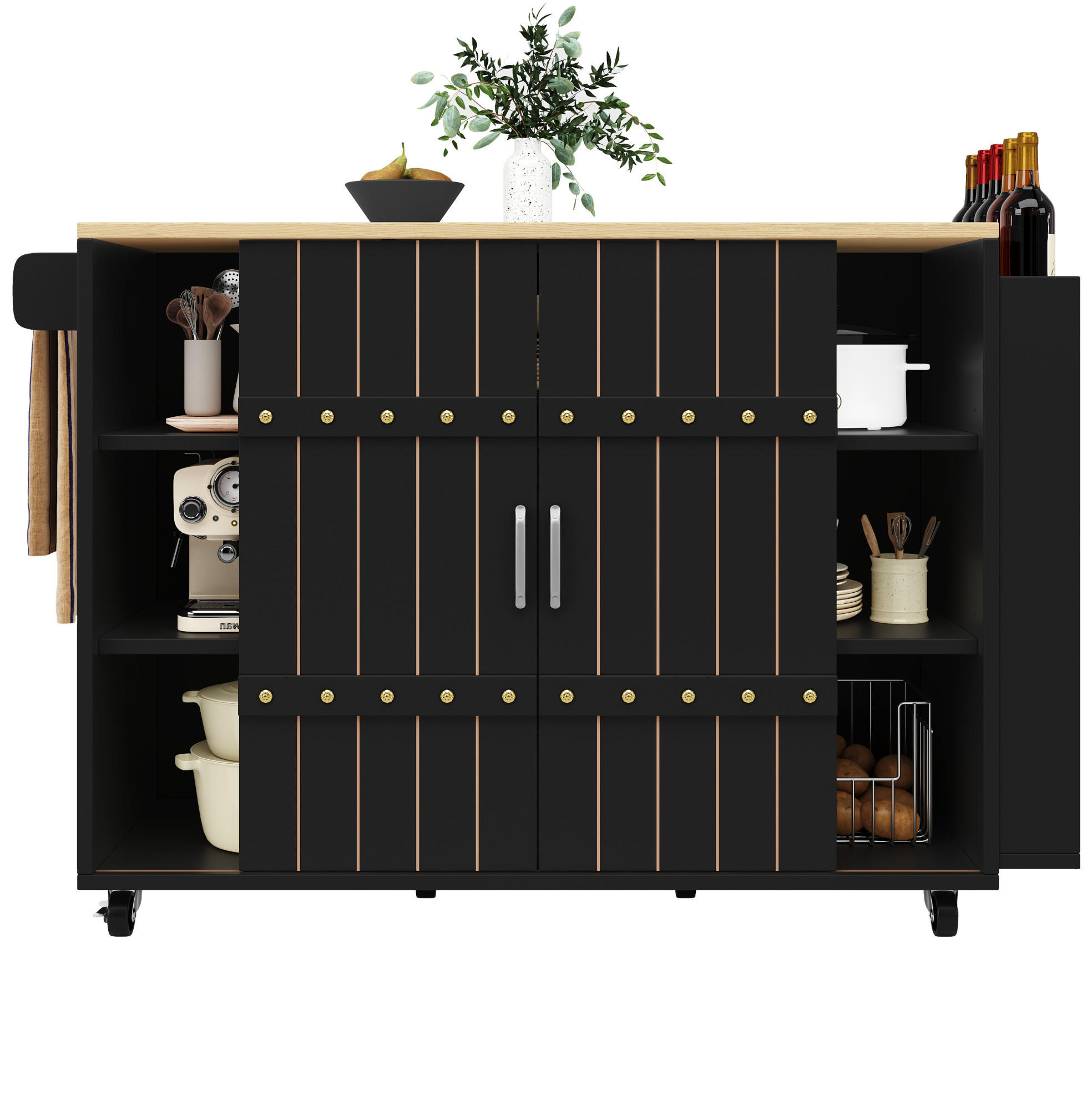 KÜCHENWAGEN MDF mit klappbarer Tischplatte & Schiebetüren, 110/42/90 cm, Schwarz - Schwarz, Holzwerkstoff (110/90/42cm) - Redom