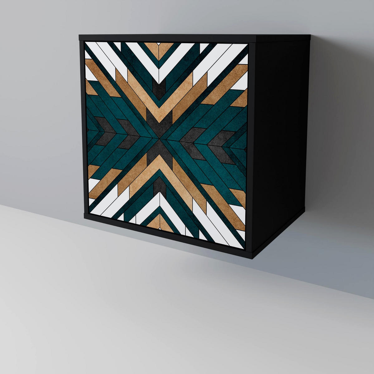 SIDEBOARD ARTISTIC GEOMETRY, Schwarz, 57,5x42x67,5 cm, Schwarze Metall-Rahmenfüße - Multicolor/Schwarz, Holzwerkstoff/Metall (57.5/67.5/42cm) - SpaceRebels
