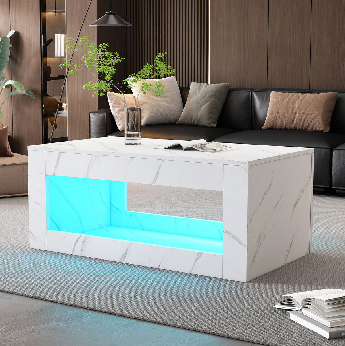COUCHTISCH 100/50/50 cm in Weiß mit LED-Beleuchtung und offenem Stauraum - Weiß, Holzwerkstoff (100/50/50cm) - Flora Grace