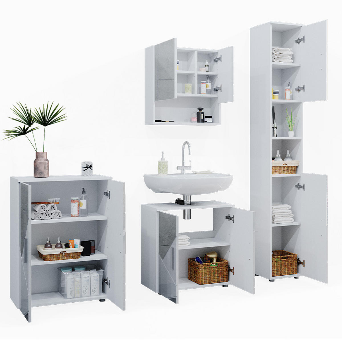 BADMÖBEL-SET Irma Weiß 4 Teile, mit Hochschrank und Kommode - Weiß Hochglanz/Weiß, Holzwerkstoff (80/58.6/41cm) - Vicco