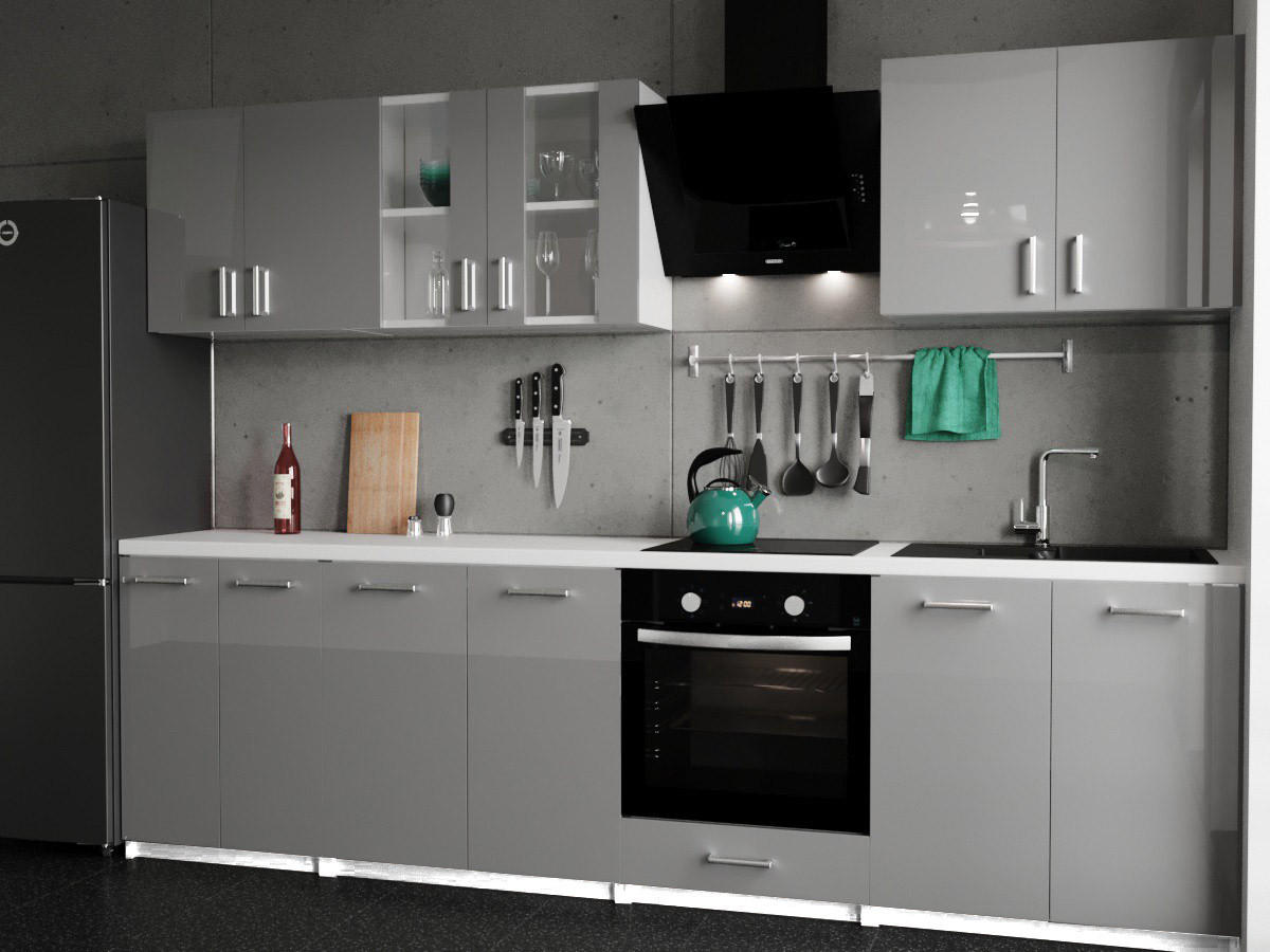 KÜCHENZEILE LECO 280 grau glanz - Grau, Holzwerkstoff (280/82/46cm) - roe furniture