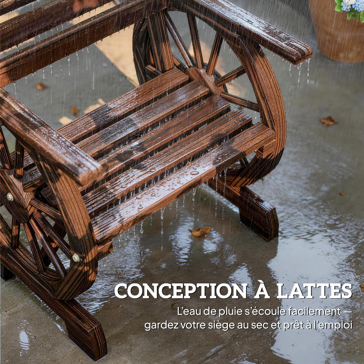 GARTENSTUHL DE-17787 mit Wagenrad-Design & Lattenrost Carbonisiert - Braun, Holz (55/90/66cm) - ComfortXL
