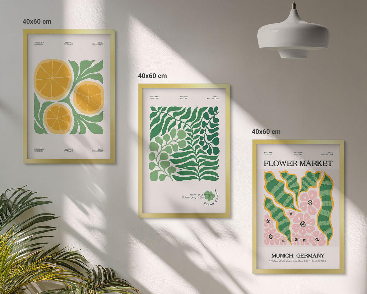 BILDER SET 3er Set - 40x60 cm Goldrahmen - Pastellfarbene Frucht- und Pflanzenmotive - Goldfarben, Kunststoff (40/60cm) - TULUP