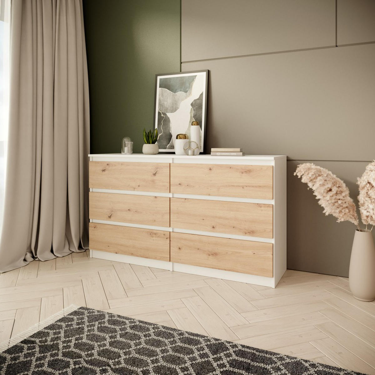 KOMMODE Look 120 cm mit sechs Schubladen, weiß+eiche Artisan - Weiß/Eiche Artisan, Holzwerkstoff (120/71/33cm) - Beautysofa