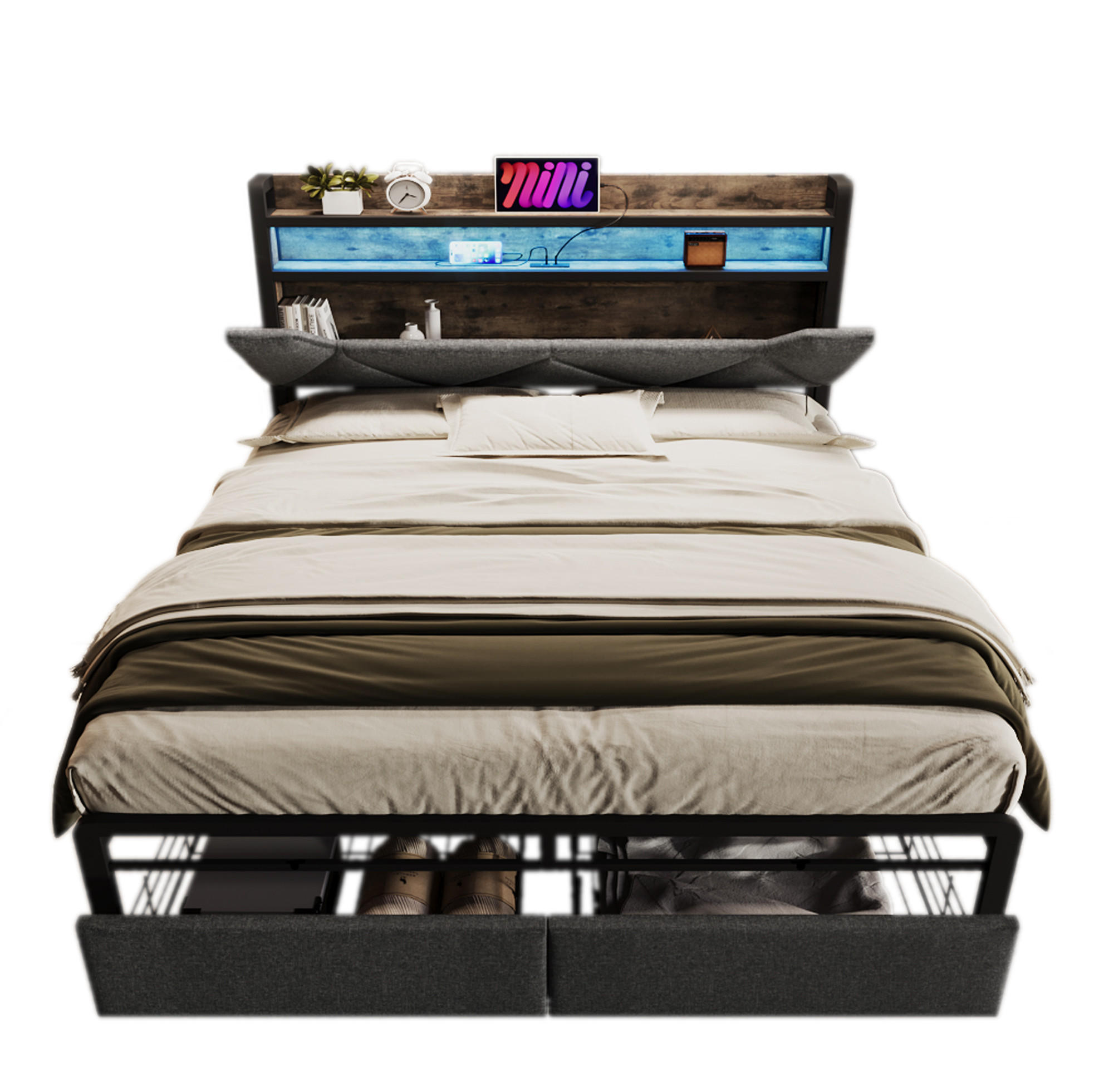 POLSTERBETT 140/200 cm aus Leinen mit LED, USB-C, Stauraum-Kopfteil, 2 Schubladen und Matratze, Grau - Grau, Textil (140/200cm) - Redom