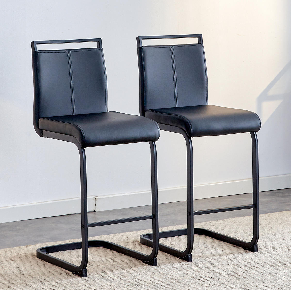 BARHOCKER 2er-Set mit Fußstütze Höhe 96,5 cm PU-Leder Schwarz - Schwarz, Metall (46.5/96.5/39cm) - Meubliv