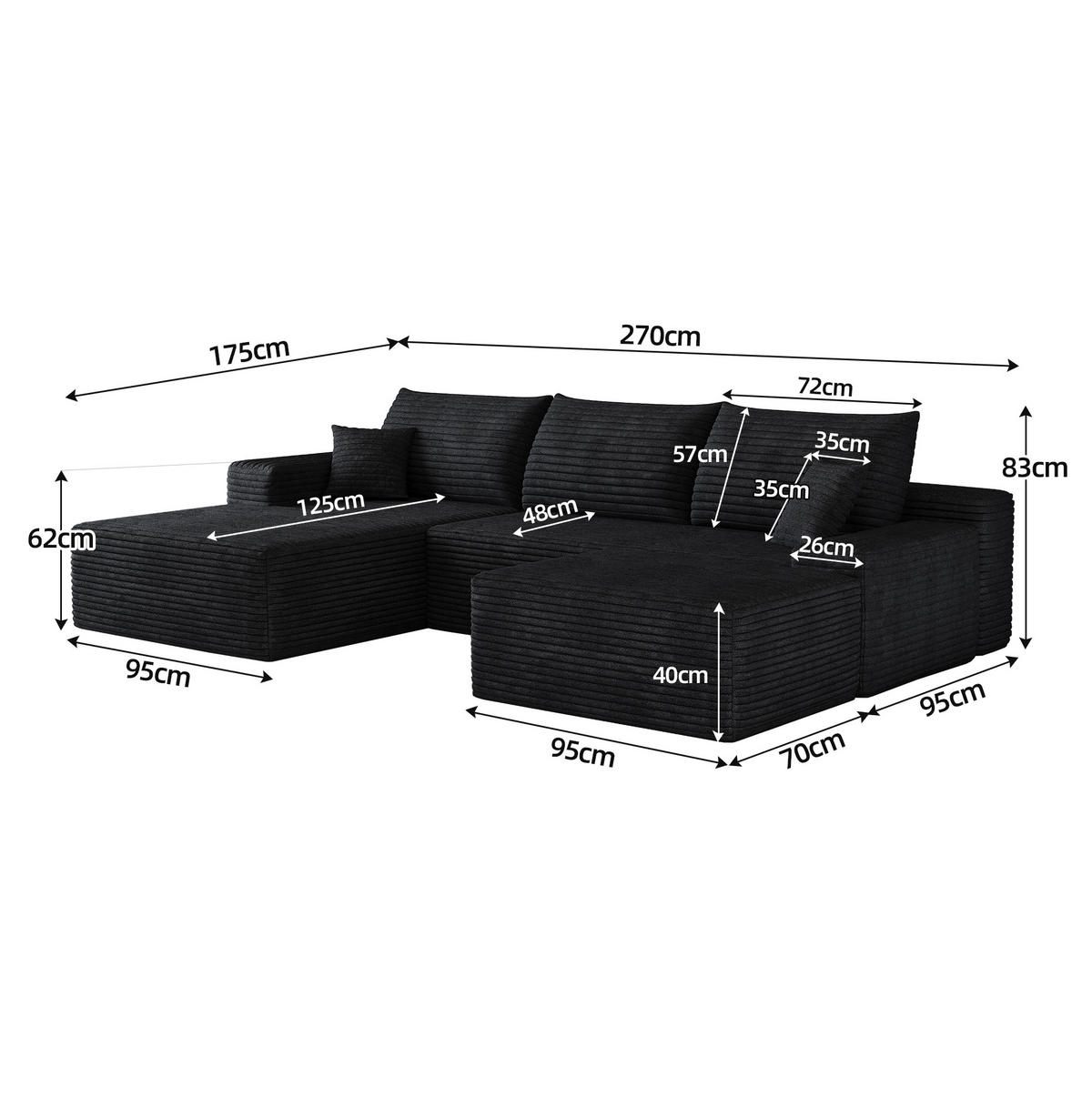 ECKSOFA modular mit Chaiselongue 270 cm Cord Schwarz - Schwarz, Kunststoff (175/83/270cm) - Meubliv