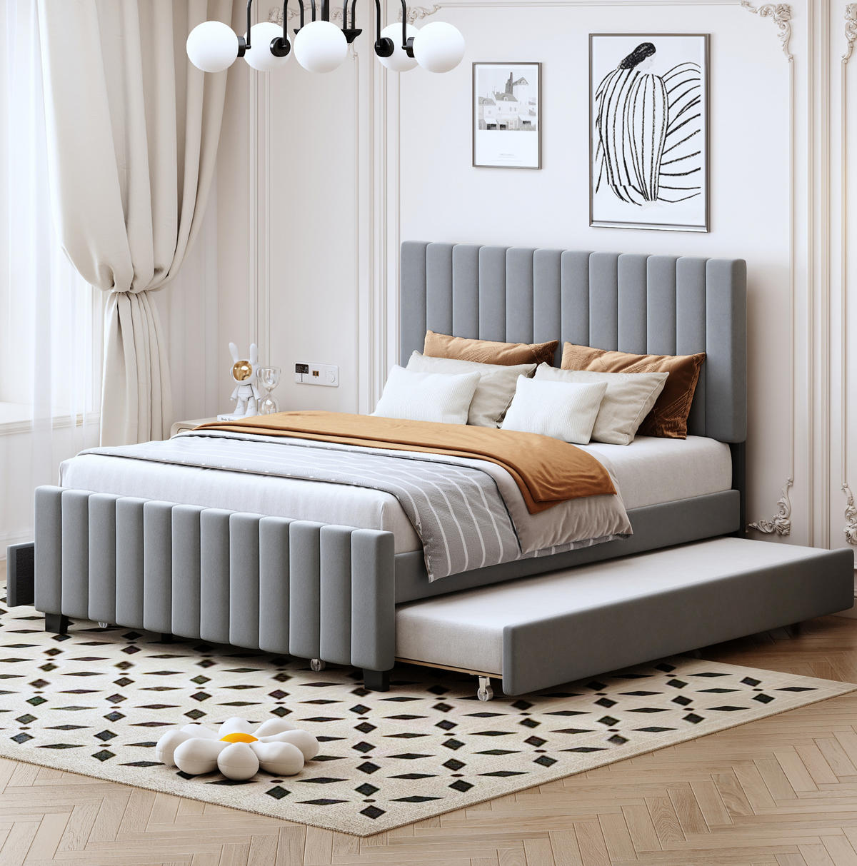 POLSTERBETT 140/190 cm Grau mit Ausziehbett und zwei Schubladen - Grau, Textil (140/190cm) - OKWISH