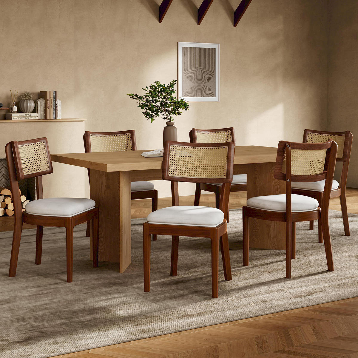 ESSZIMMERSTUHL 6er Set Massivholz Rattan Leinen Nussbaum - Walnussfarben, Holz (58/88/50cm) - FLIEKS