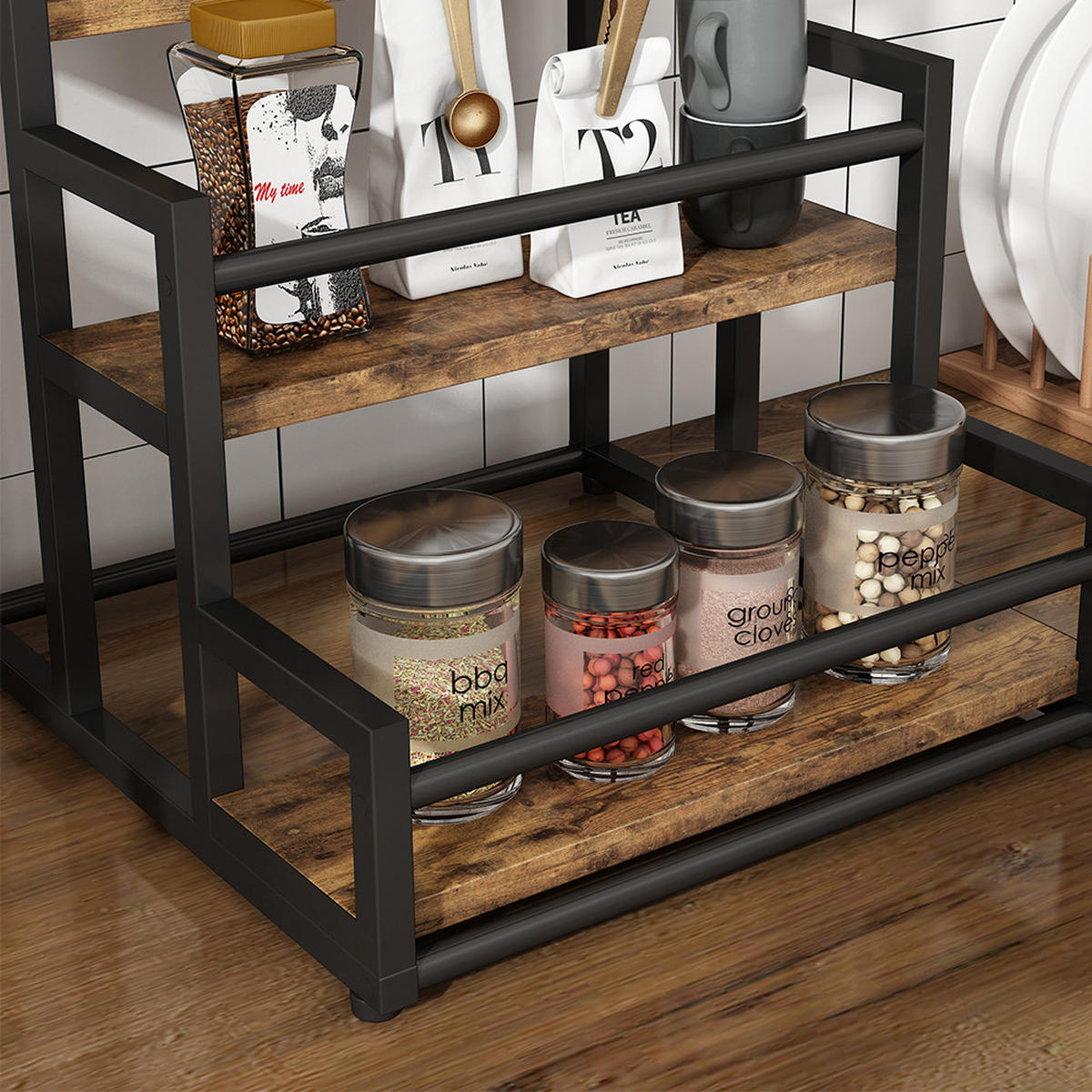 POLICE KUCHYŇ Fyrk Rustikální dub 33 x 34 cm se 3 otevřenými přihrádkami - divoký dub/černá, kompozitní dřevo (33/34/34cm) - Vicco