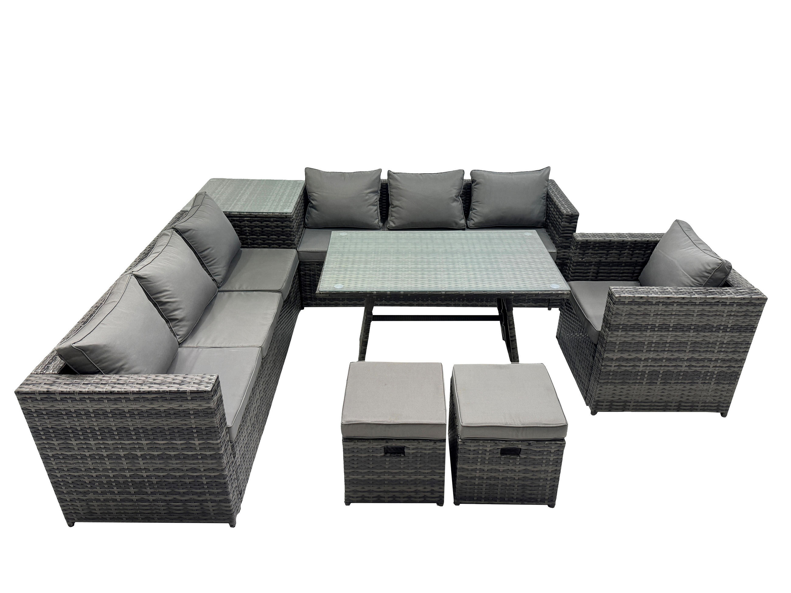 LOUNGESOFA SET mit Esstisch Polyrattan 7-Sitzer - Dunkelgrau/Grau, Glas/Kunststoff - Fimous