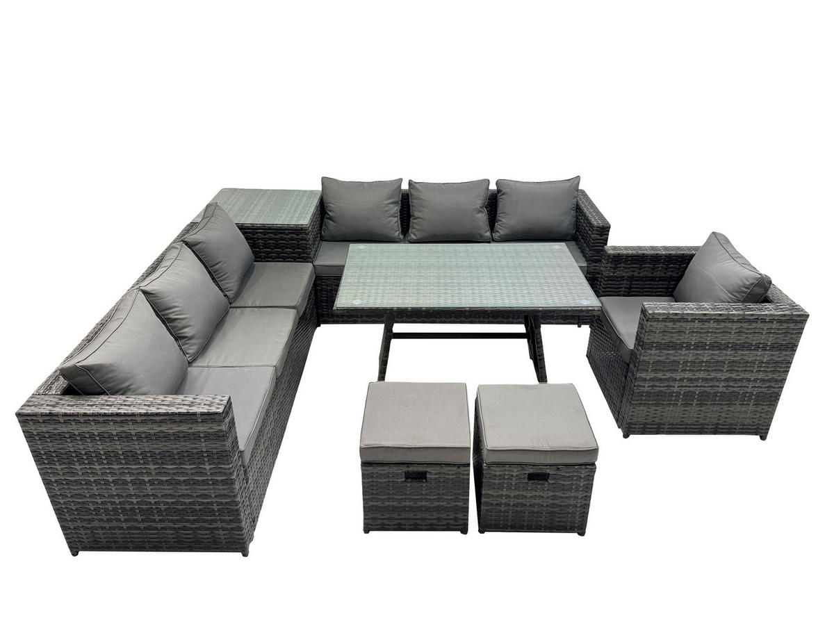 LOUNGESOFA SET mit Esstisch Polyrattan 7-Sitzer - Dunkelgrau/Grau, Glas/Kunststoff - Fimous